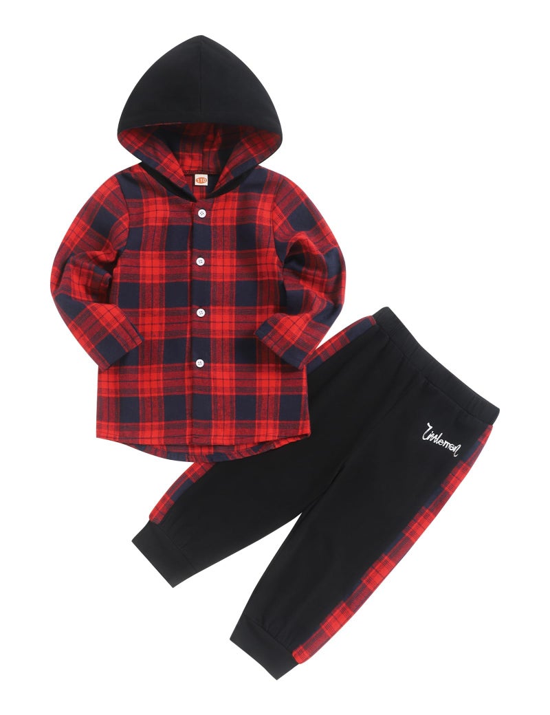 Fuermos Toddler Baby Boys Clothes Flannel Lattice Button Down Hooded Tops +Pants Boys Fall Winter Outfits(5-6T) - Image 1